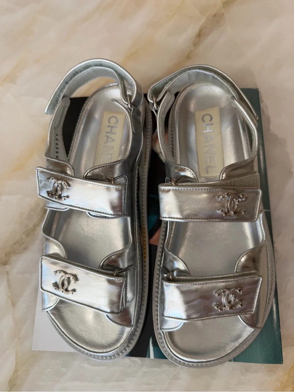 CHANEL Silver Double-Strap Sandals Size 38